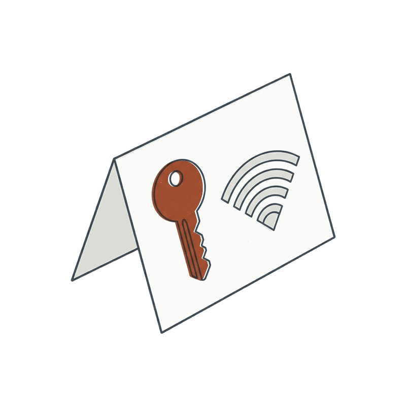 Eine aufgestellte Karte mit einem Schlüssel und einem WLAN-Zeichen.